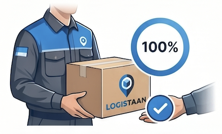 Courier handing over a Logistaan parcel with a 100% delivery badge