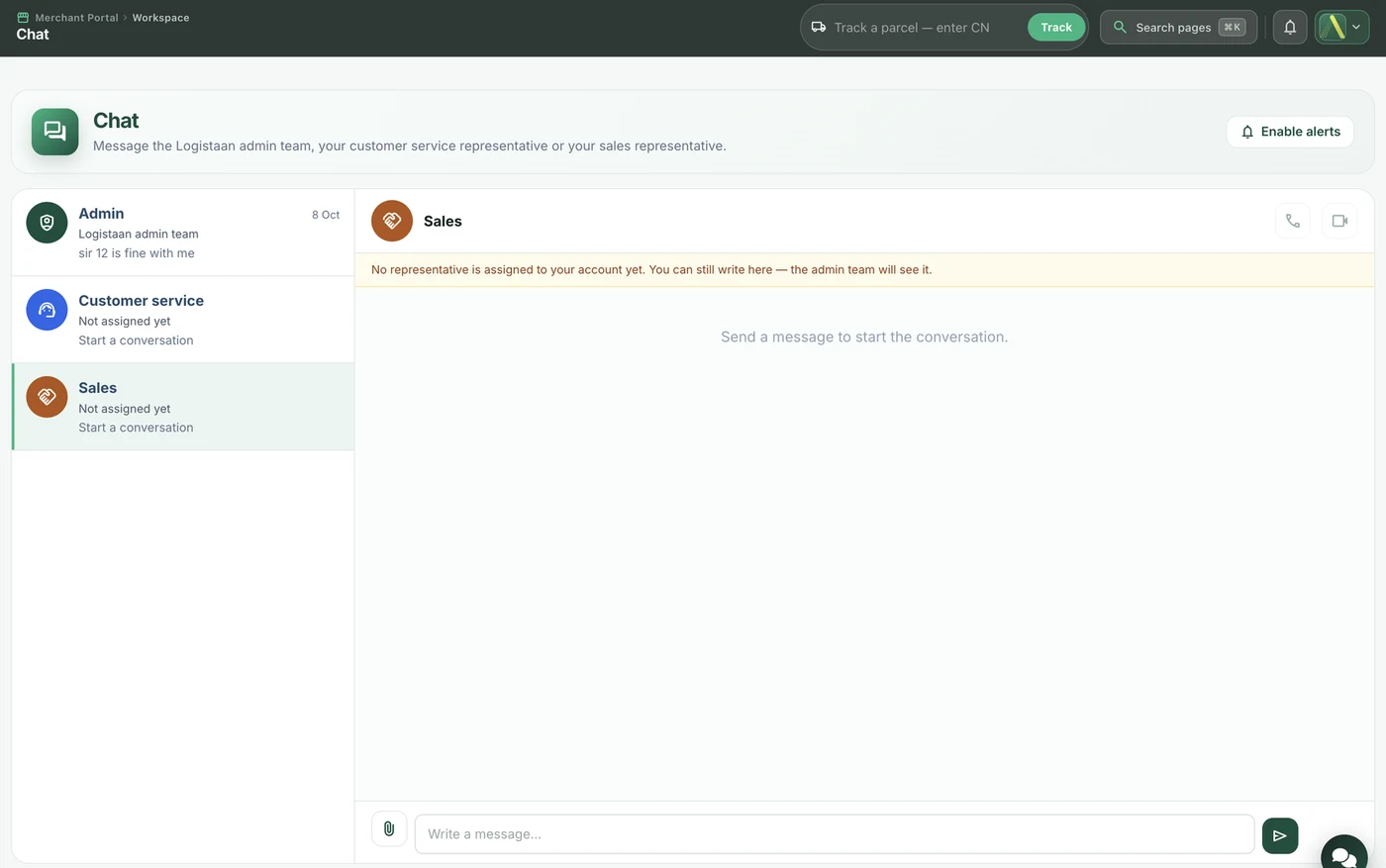 Logistaan merchant portal Chat page with Admin, Customer service and Sales conversations, and voice and video call buttons