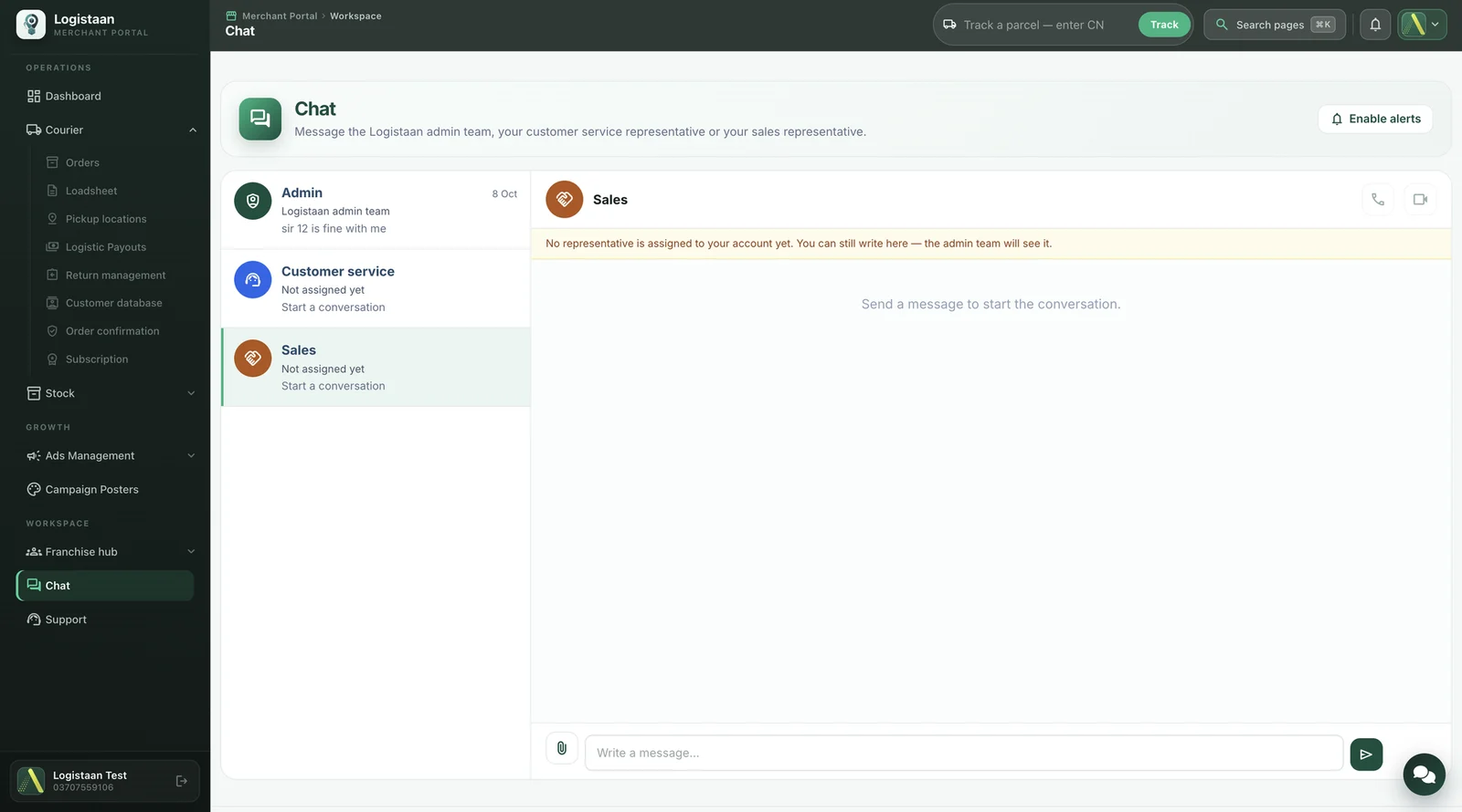 Logistaan merchant portal Chat page with Admin, Customer service and Sales conversations