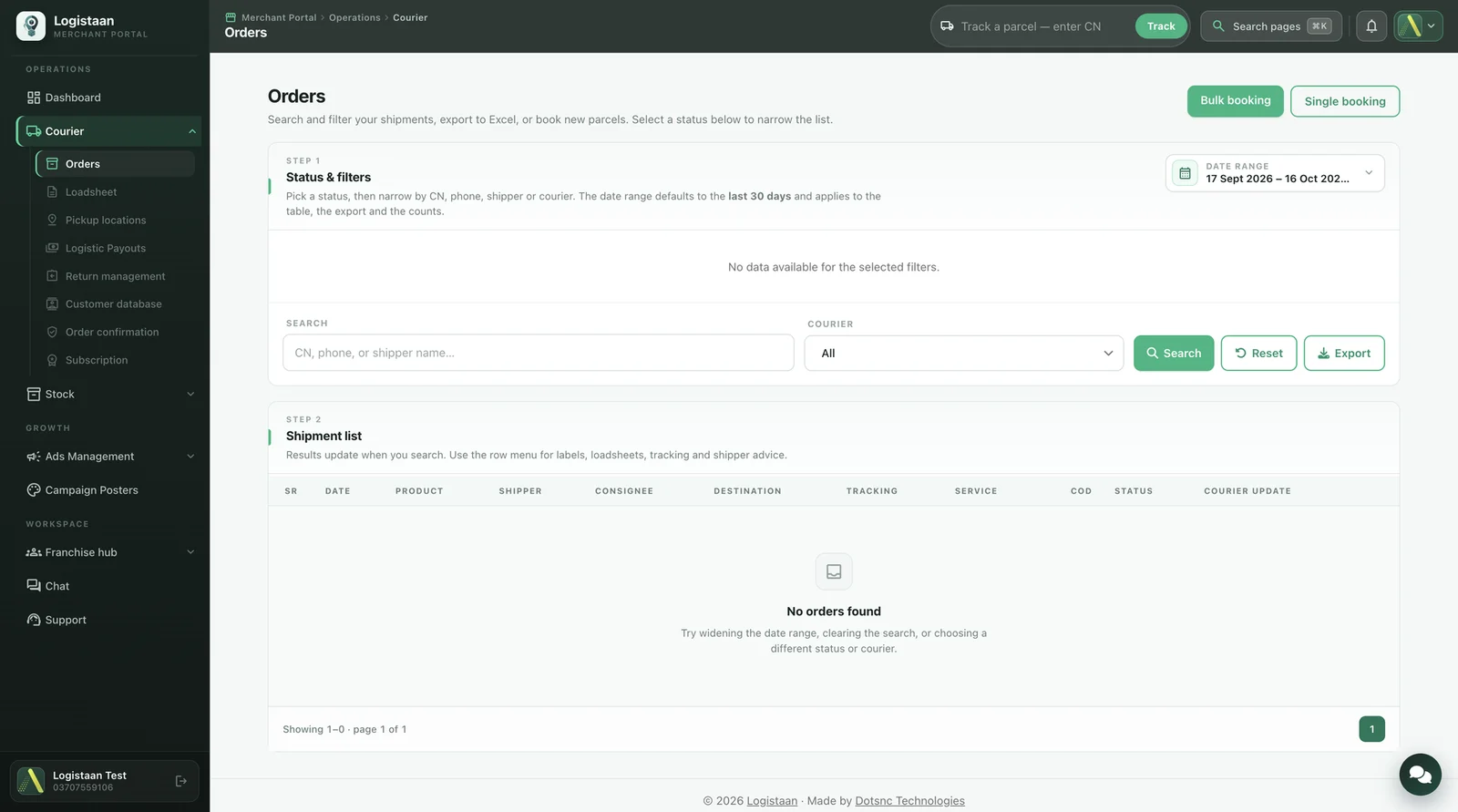 Logistaan merchant portal Orders page with status filters, courier filter, bulk and single booking, and shipment list